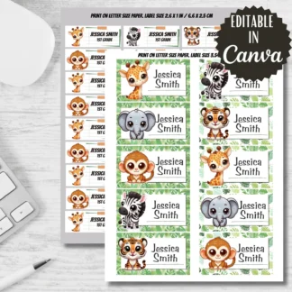 Forest Animals Labels, Back to School Stickers (Editable Canva Template) Back to school digital download preview by Cute & Co.