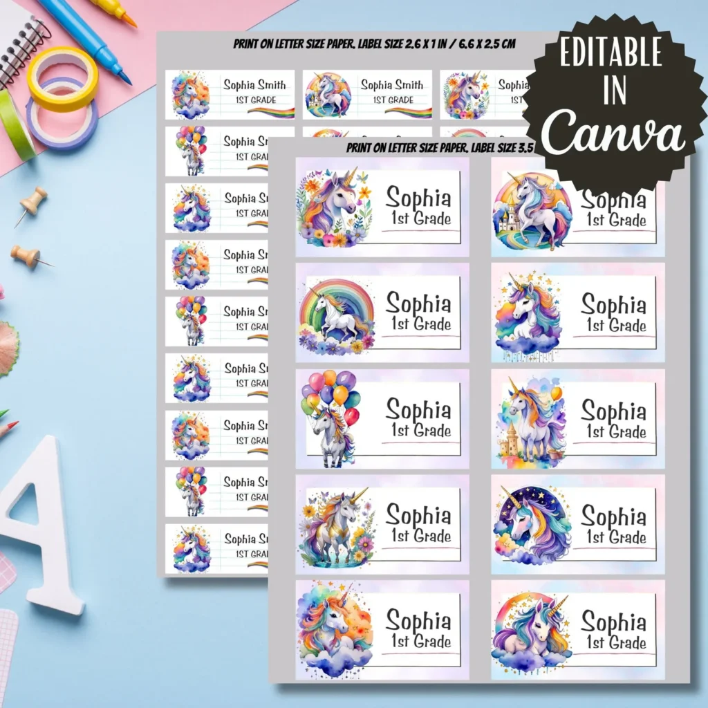 Unicorn Printable Labels, Back to School Stickers (Editable in Canva) Back to school digital download preview by Cute & Co.