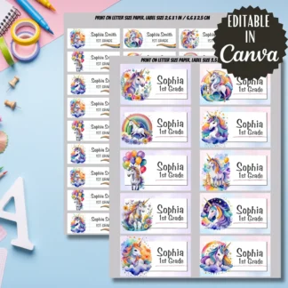 Unicorn Printable Labels, Back to School Stickers (Editable in Canva) Back to school digital download preview by Cute & Co.