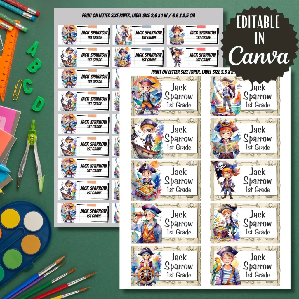 Pirate Labels, Back to School Stickers, Editable in Canva (Digital Download) Back to school digital download preview by Cute & Co.