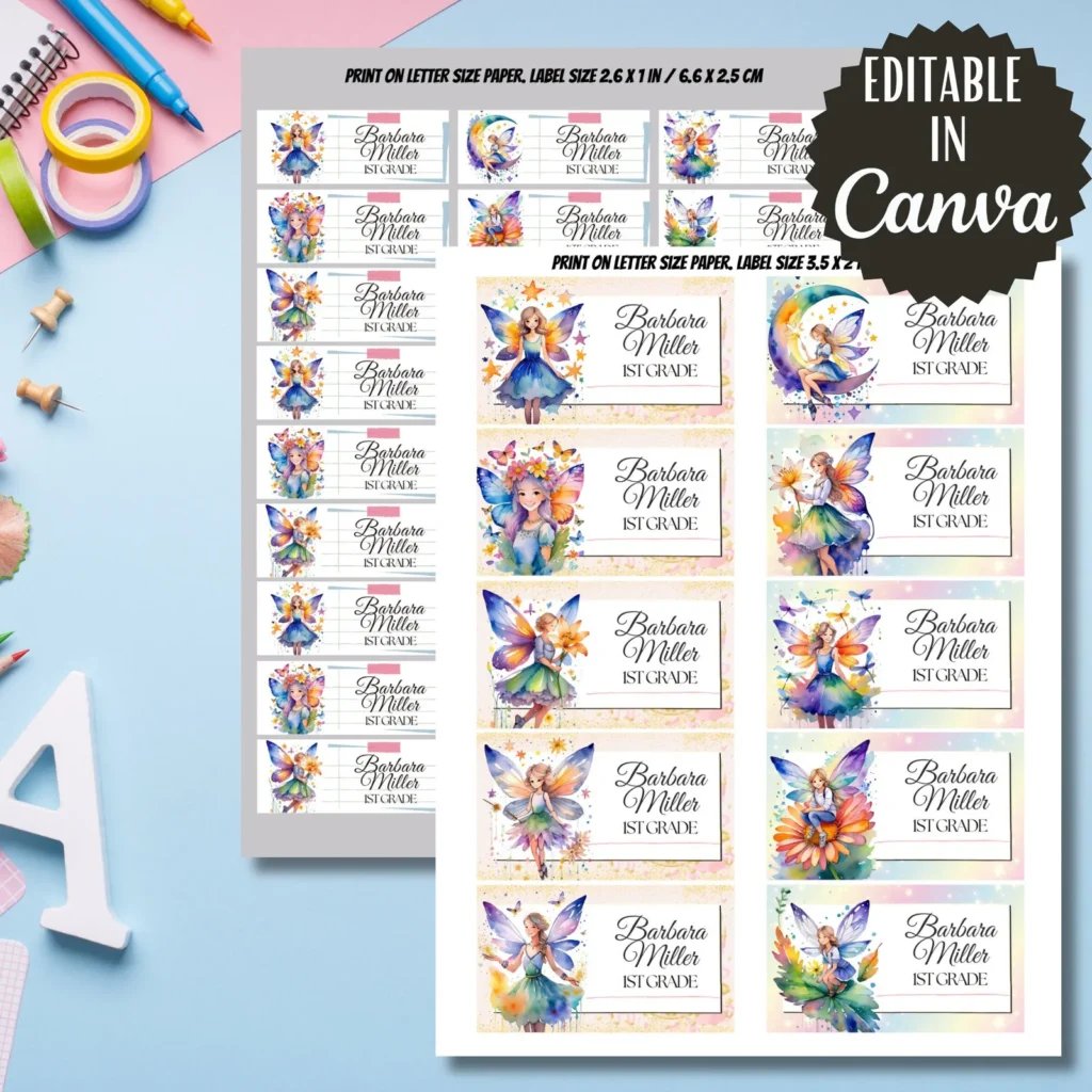 Fairies Labels, Back to School Stickers, Editable in Canva (Printable) Back to school digital download preview by Cute & Co.