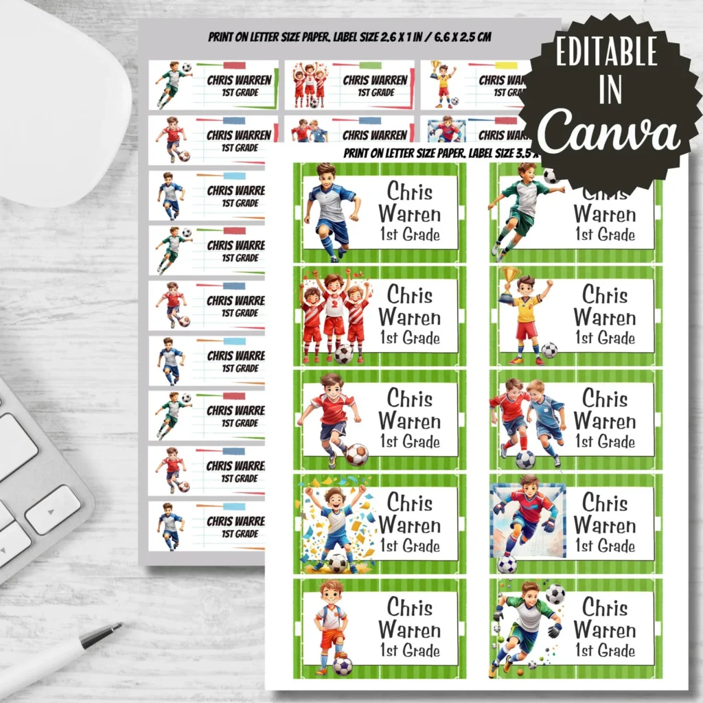 Soccer Labels Set, Back to School Stickers, Editable in Canva (Digital Download) Back to school digital download preview by Cute & Co.