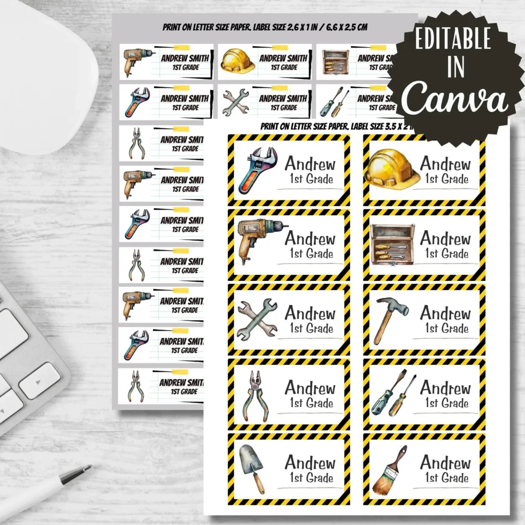 Watercolor Hand Tools Labels, Back to School Stickers (Editable in Canva) Back to school digital download preview by Cute & Co.
