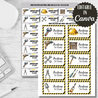 Watercolor Hand Tools Labels, Back to School Stickers (Editable in Canva) Back to school digital download preview by Cute & Co.