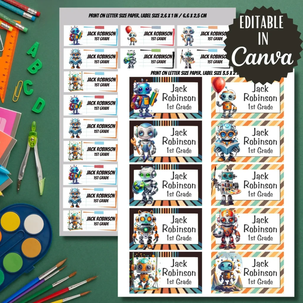 Robots Printable Labels, Back to School Stickers, Editable in Canva (Digital Download) Back to school digital download preview by Cute & Co.