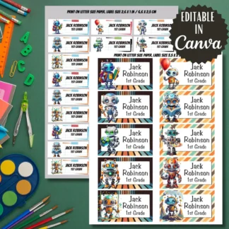 Robots Printable Labels, Back to School Stickers, Editable in Canva (Digital Download) Back to school digital download preview by Cute & Co.
