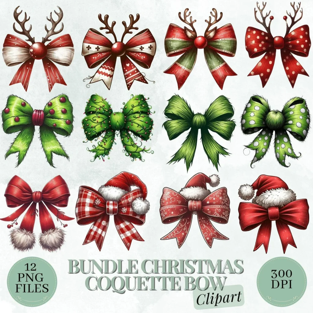 Watercolor Christmas Clipart &amp; Digital Paper Bundle: Red, Green and Plaid Bows (PNG) Christmas Time digital download preview by Cute & Co.