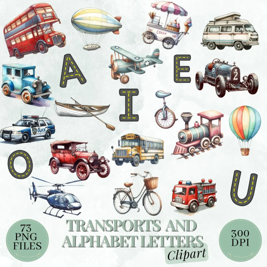 Watercolor Transportation Clipart Bundle, Vehicle Alphabet Letters (PNG) Cliparts digital download preview by Cute & Co.