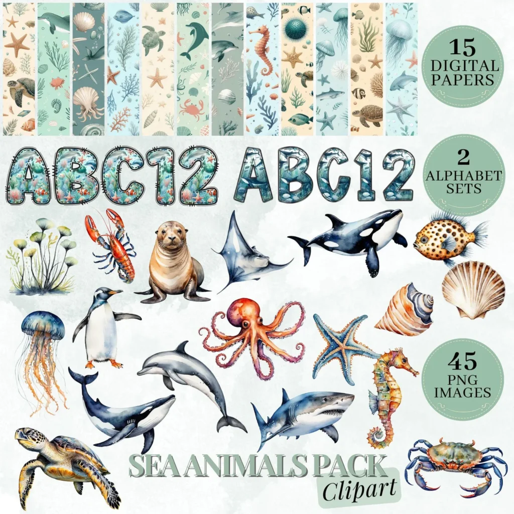 Watercolor Sea Life Clipart Bundle, Ocean Animals, Alphabet, Seamless Papers (PNG) Cliparts digital download preview by Cute & Co.