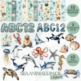 Watercolor Sea Life Clipart Bundle, Ocean Animals, Alphabet, Seamless Papers (PNG)