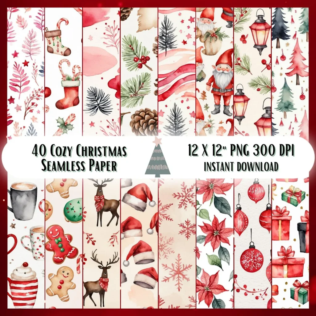 Cozy Winter Christmas Seamless Patterns – Digital Paper Set (PNG, 300 DPI) Christmas Time digital download preview by Cute & Co.