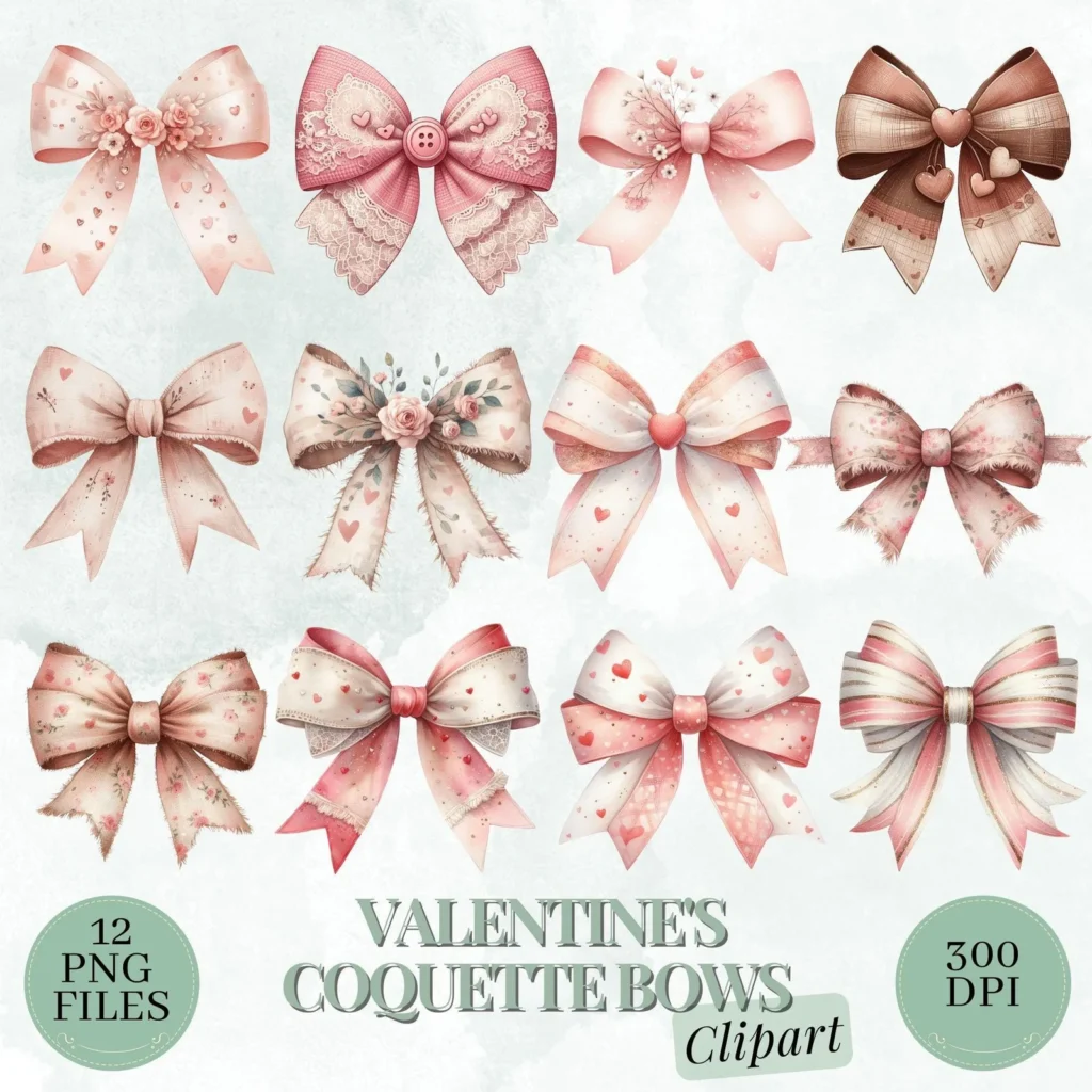 Watercolor Valentine's Bows Clipart Bundle, Romantic Ribbon PNG (Digital Download) Cliparts digital download preview by Cute & Co.