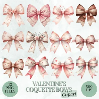 Watercolor Valentine's Bows Clipart Bundle, Romantic Ribbon PNG (Digital Download)