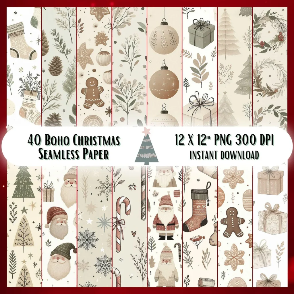 Boho Christmas Digital Papers – 40 Seamless PNGs Christmas Time digital download preview by Cute & Co.
