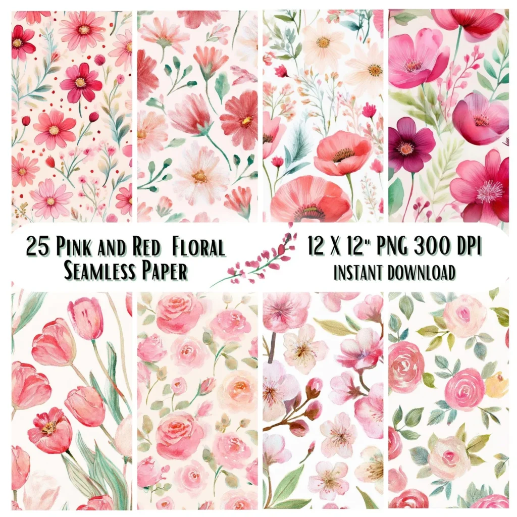 Watercolor Floral Seamless Patterns | Pink & Red Vintage Designs (Digital Download) Digital Papers digital download preview by Cute & Co.