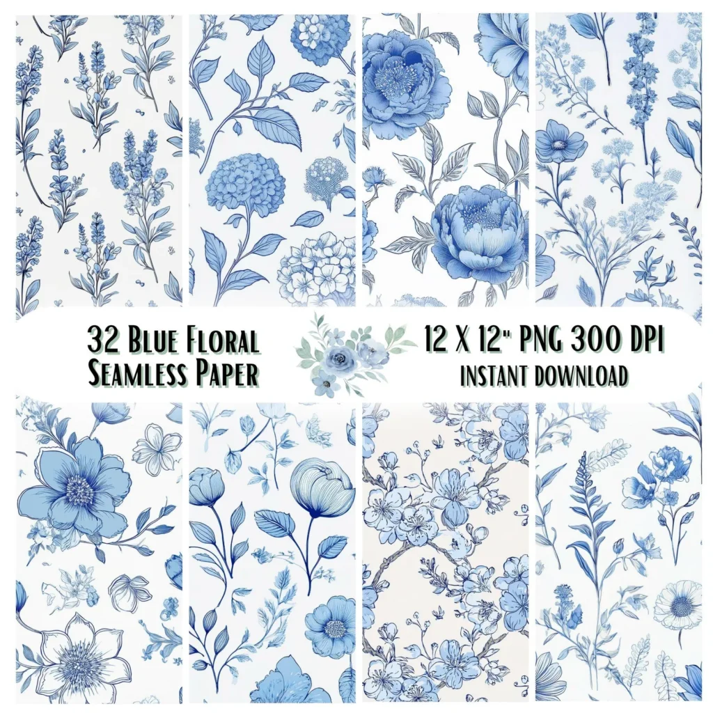 Chinoiserie Floral Seamless Pattern | Blue Watercolor Digital Paper (Digital Download) Digital Papers digital download preview by Cute & Co.