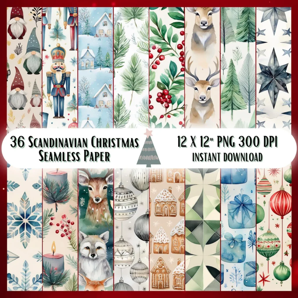 36 Scandinavian Christmas Papers – Nordic Winter Seamless Digital Backgrounds for Holiday Crafts Christmas Time digital download preview by Cute & Co.