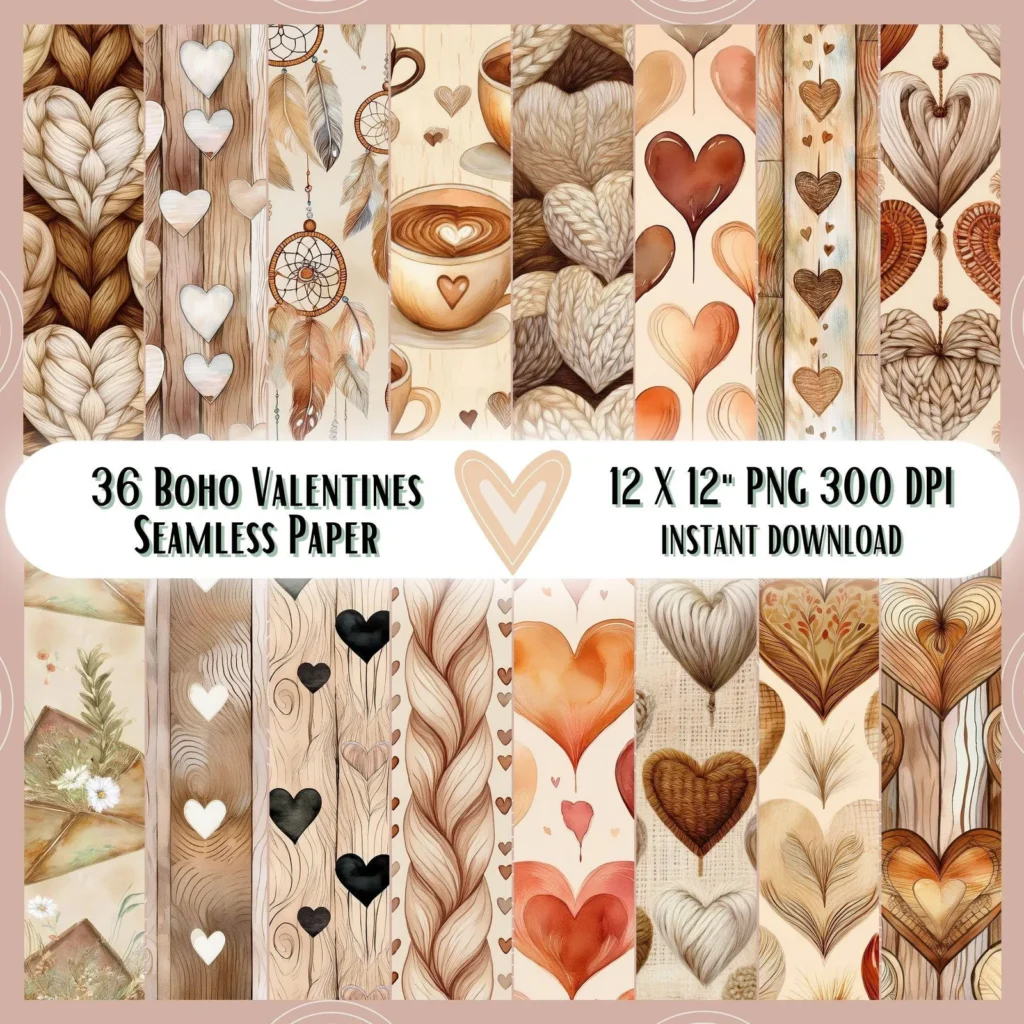 Watercolor Hearts Valentine's Day Paper, Cottage Boho Patterns (Digital Download) Digital Papers digital download preview by Cute & Co.