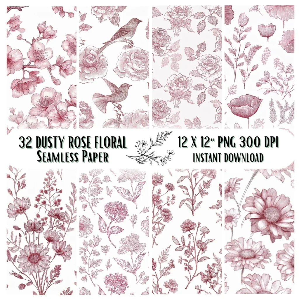 32 Chinoiserie Floral Patterns, Vintage Toile de Jouy, Watercolor Scrapbook Paper (Digital Download) Digital Papers digital download preview by Cute & Co.