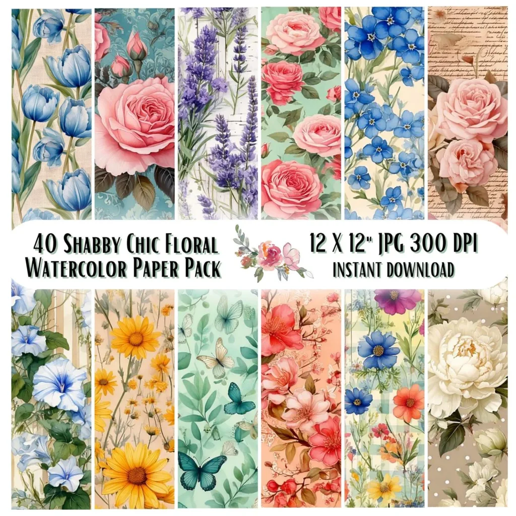 Shabby Chic Floral Paper Pack, Vintage Rose, Cottagecore (Digital Download) Digital Papers digital download preview by Cute & Co.