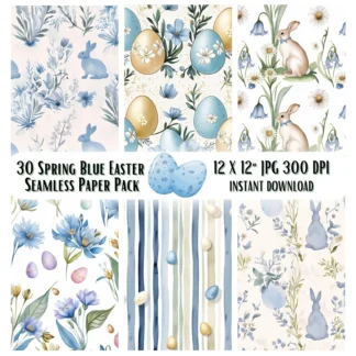 Blue Easter Seamless Paper, Watercolor Floral, Boho Spring (Digital Download) Digital Papers digital download preview by Cute & Co.