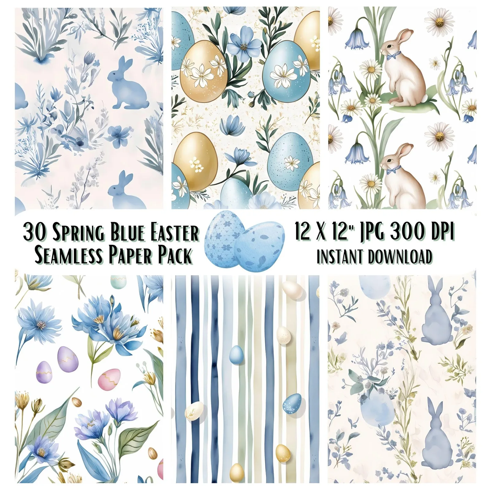 Blue Easter Seamless Paper, Watercolor Floral, Boho Spring (Digital Download) Digital Papers digital download preview by Cute & Co.