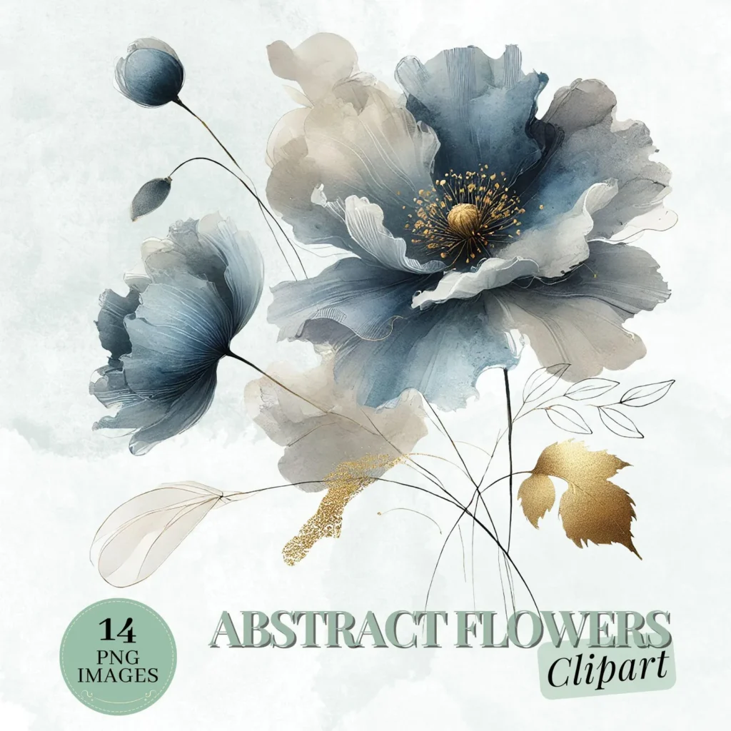 Abstract Flowers Clipart, Blue Floral Watercolor with Gold (Digital Download) Cliparts digital download preview by Cute & Co.
