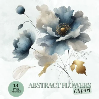 Abstract Flowers Clipart, Blue Floral Watercolor with Gold (Digital Download)