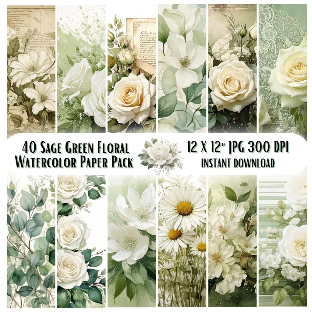 Sage Green Floral Paper Pack, Watercolor Botanical Scrapbook (Digital Download) Digital Papers digital download preview by Cute & Co.
