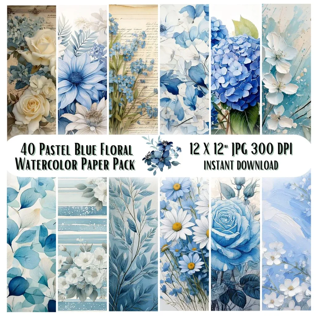 Pastel Blue Floral Paper Pack, Watercolor Scrapbook Backgrounds (Digital Download) Digital Papers digital download preview by Cute & Co.