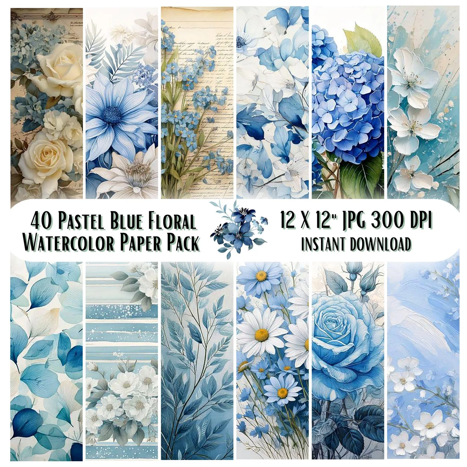 Pastel Blue Floral Paper Pack, Watercolor Scrapbook Backgrounds (Digital Download) Digital Papers digital download preview by Cute & Co.