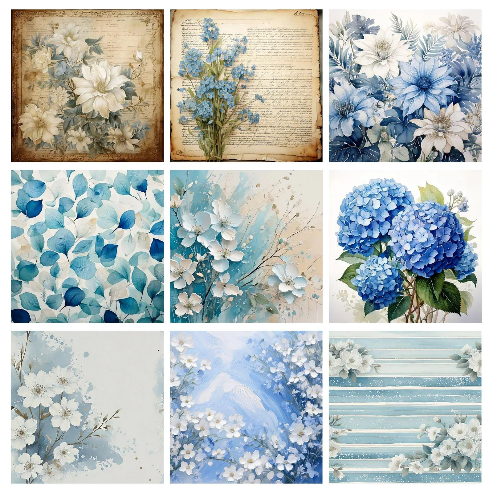 Pastel Blue Floral Paper Pack, Watercolor Scrapbook Backgrounds (Digital Download) Digital Papers digital download preview by Cute & Co.
