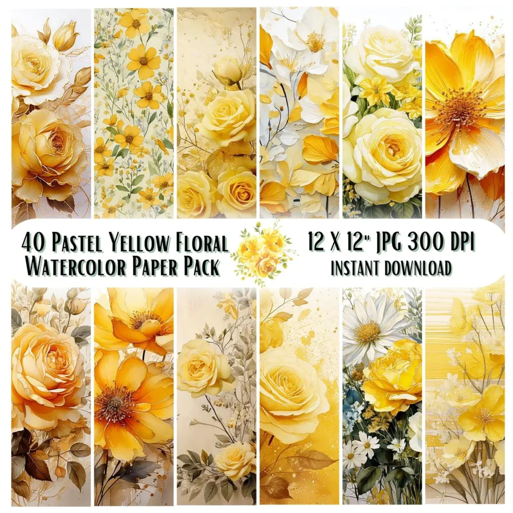 Yellow Rose Watercolor Paper Pack, Shabby Chic Scrapbook (Digital Download) Digital Papers digital download preview by Cute & Co.