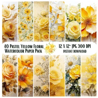 Yellow Rose Watercolor Paper Pack, Shabby Chic Scrapbook (Digital Download) Digital Papers digital download preview by Cute & Co.