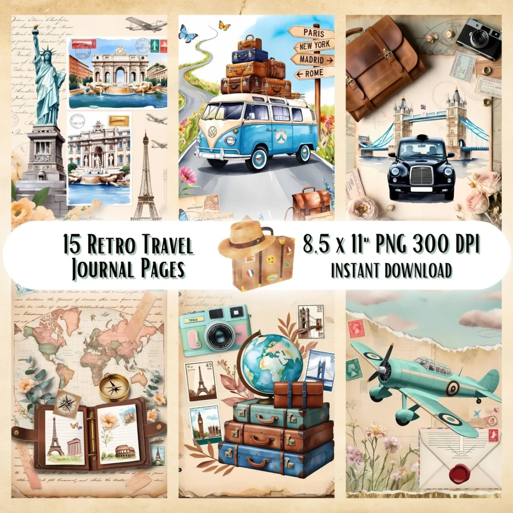 Vintage Travel Junk Journal Kit | Retro Ephemera, Scrapbook Paper (Digital Download) Digital Papers digital download preview by Cute & Co.
