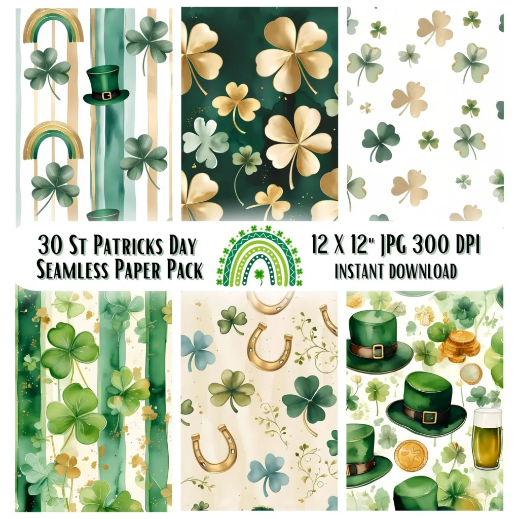 St Patrick's Day Watercolor Patterns | Shamrock, Clover (Digital Download) Digital Papers digital download preview by Cute & Co.