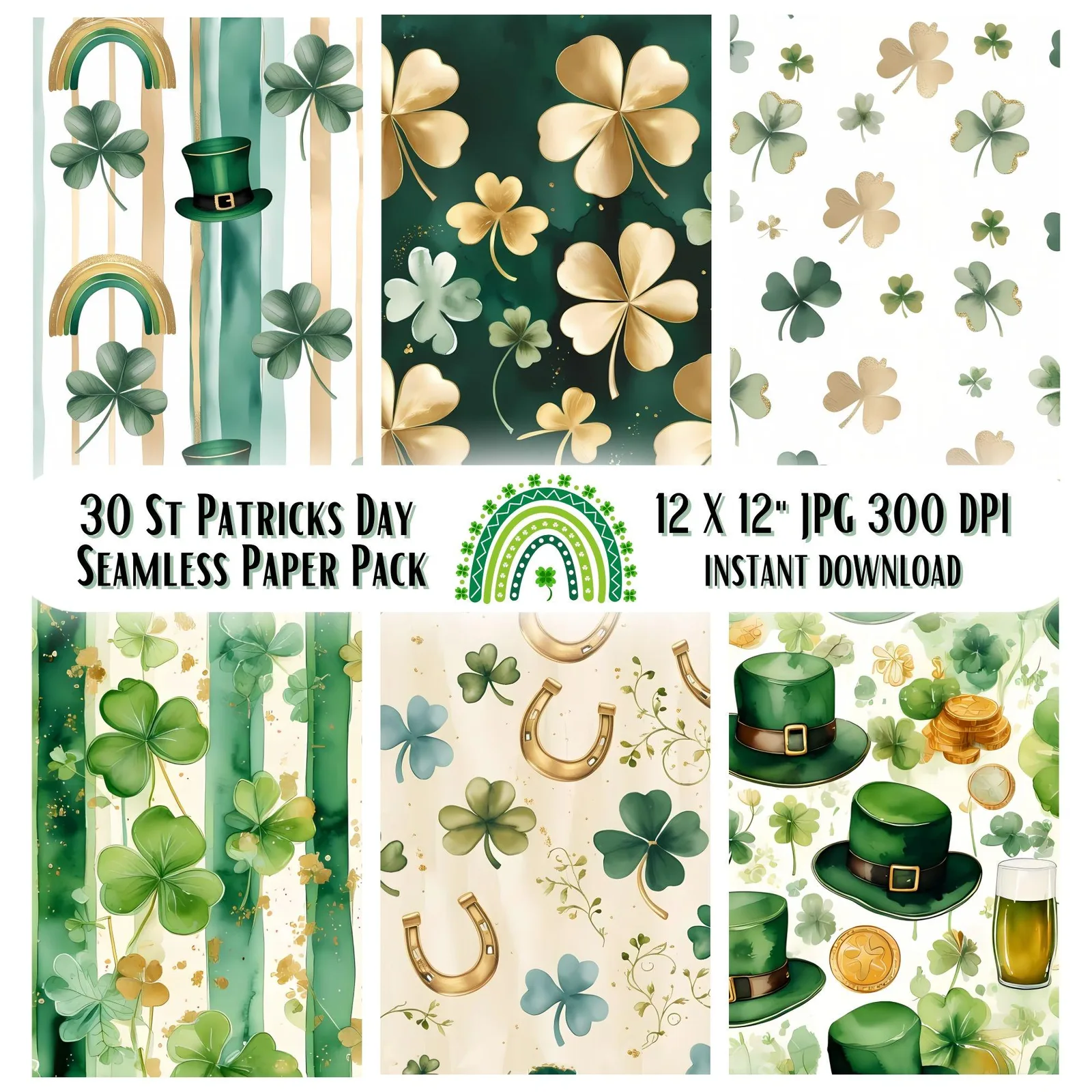 St Patrick's Day Watercolor Patterns | Shamrock, Clover (Digital Download) Digital Papers digital download preview by Cute & Co.