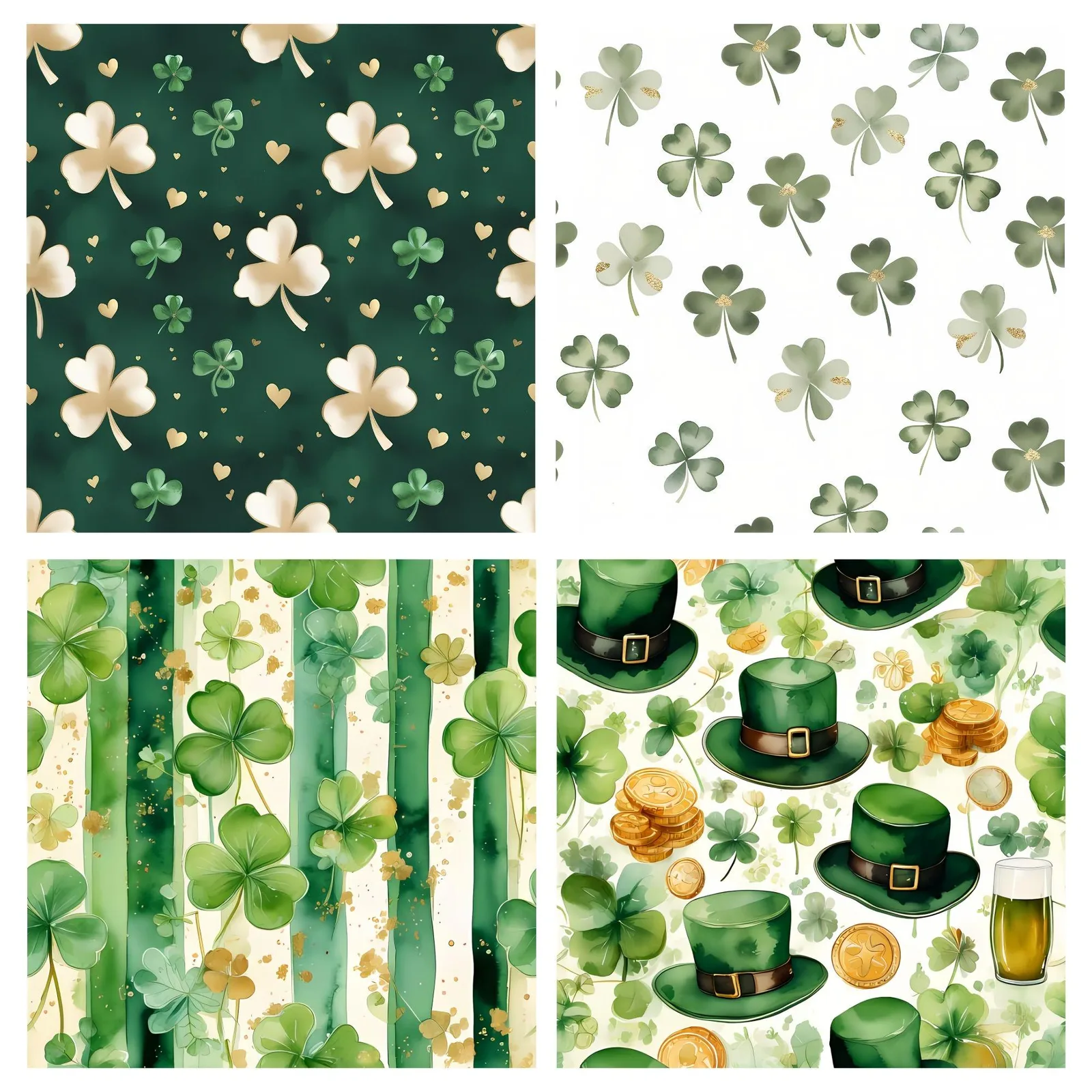 St Patrick's Day Watercolor Patterns | Shamrock, Clover (Digital Download) Digital Papers digital download preview by Cute & Co.