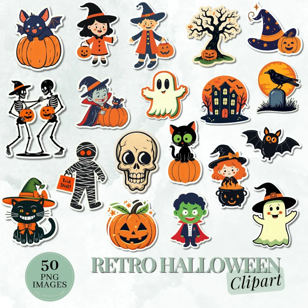 Vintage Halloween Stickers Clipart Bundle Retro Spooky Cute Ghosts Black Cat Pumpkins Printable Vintage Halloween PNG Pack for Crafts Shirts Halloween digital download preview by Cute & Co.