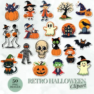 Vintage Halloween Stickers Clipart Bundle Retro Spooky Cute Ghosts Black Cat Pumpkins Printable Vintage Halloween PNG Pack for Crafts Shirts Halloween digital download preview by Cute & Co.