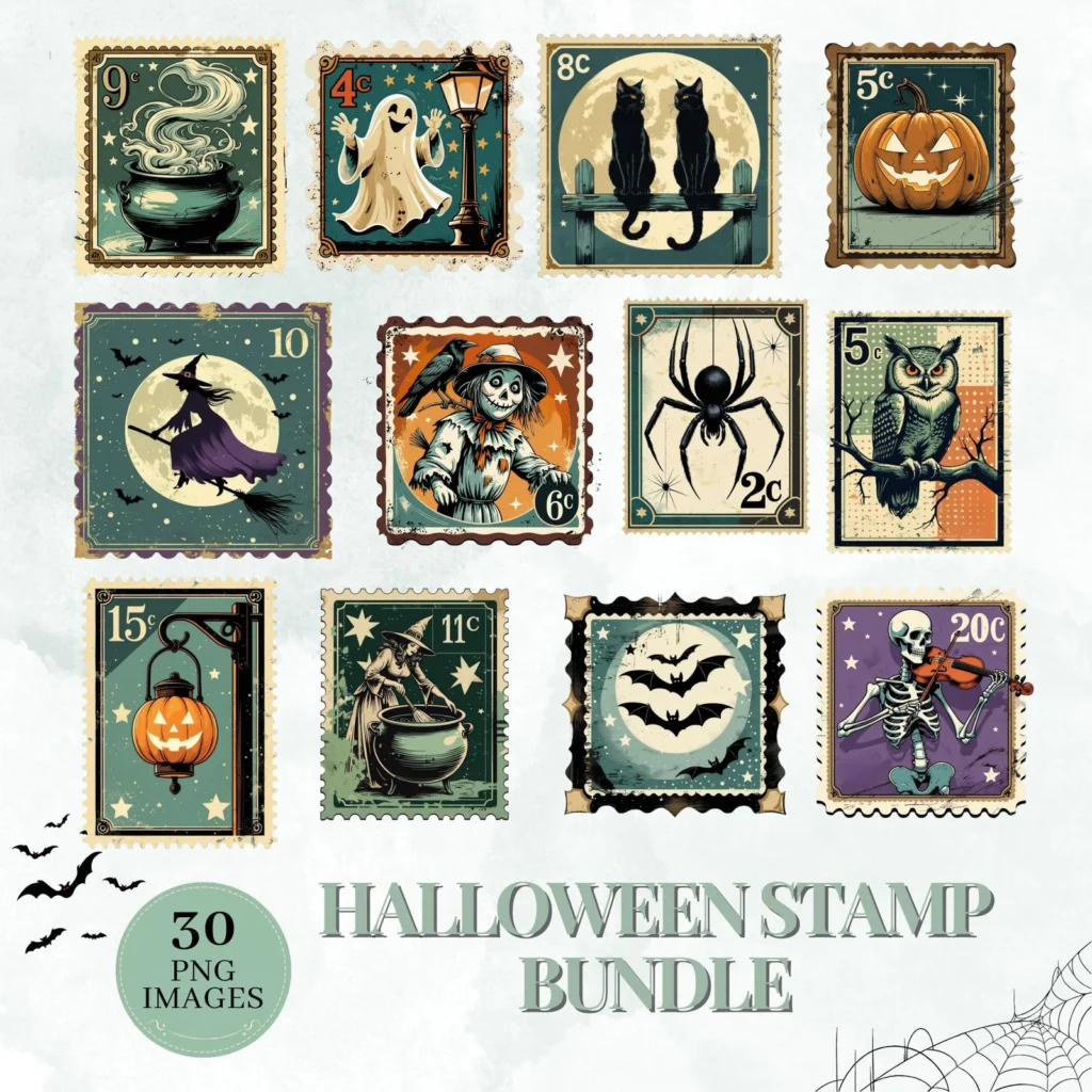 Vintage Halloween Stamp Clipart Bundle, Spooky Retro PNG (Digital Download) Cliparts digital download preview by Cute & Co.