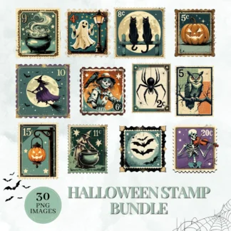 Vintage Halloween Stamp Clipart Bundle, Spooky Retro PNG (Digital Download)