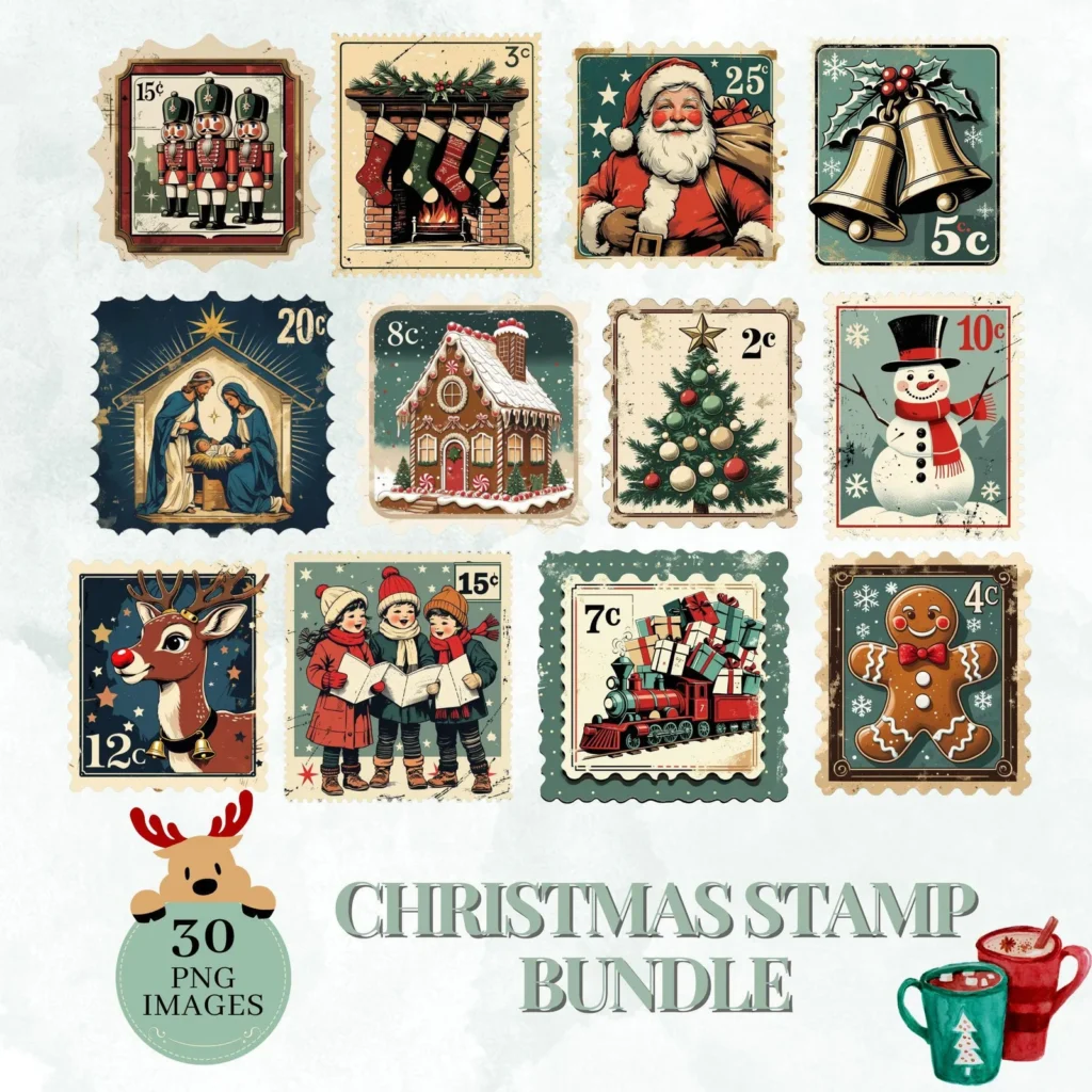 Christmas Postage Stamp PNGs – Vintage Holiday Stickers Christmas Time digital download preview by Cute & Co.