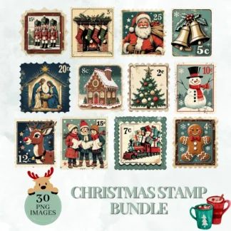 Christmas Postage Stamp PNGs – Vintage Holiday Stickers Christmas Time digital download preview by Cute & Co.