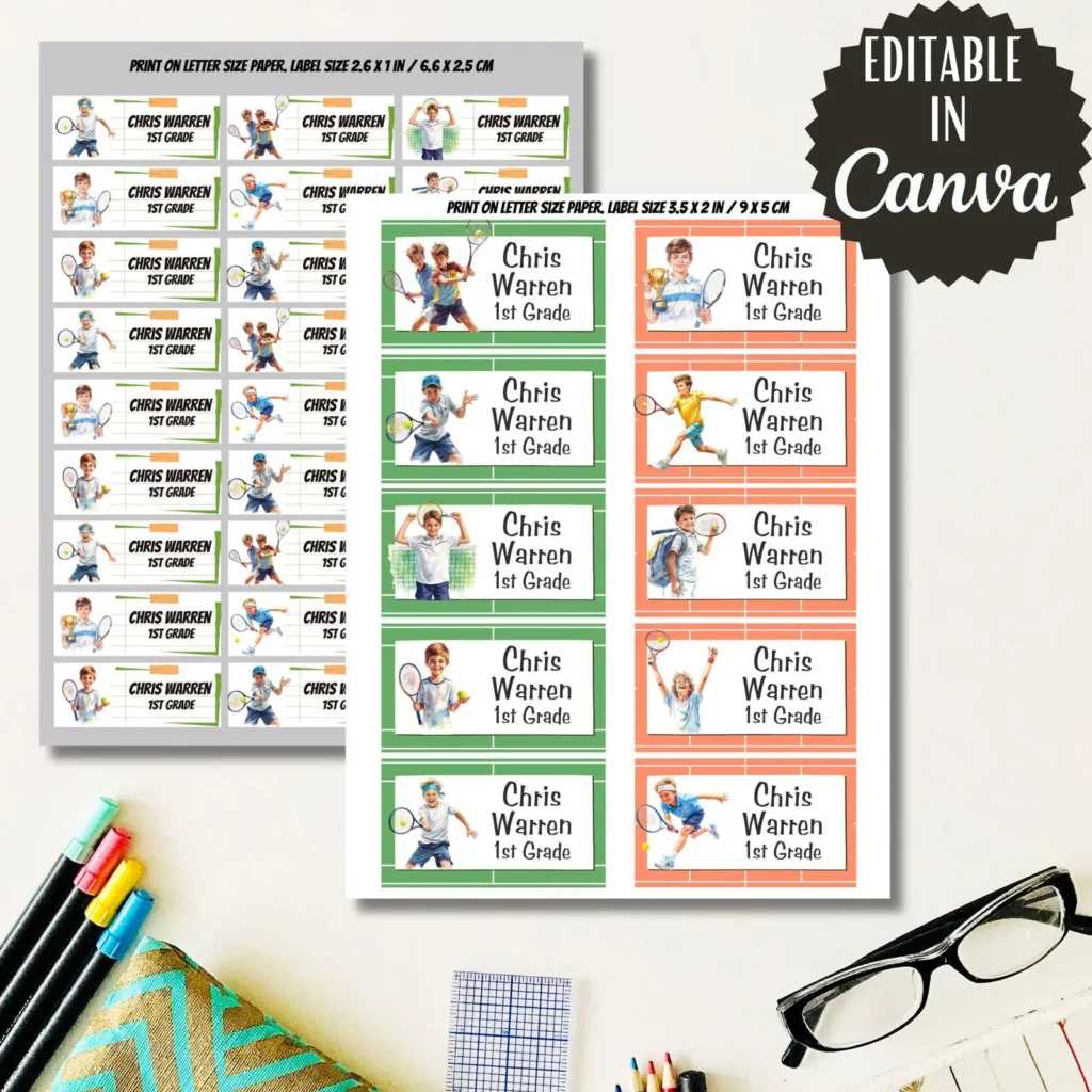 Tennis School Labels for Kids, Editable Name Tags (Digital Download) Back to school digital download preview by Cute & Co.