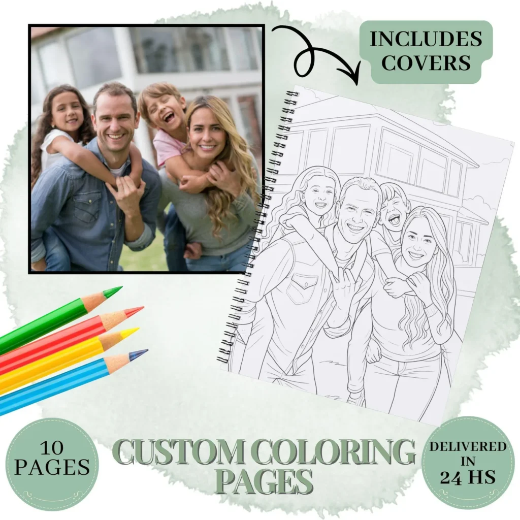 10 Custom Coloring Pages from Photo – Personalized Portraits, Family & Pet Sketches (Digital Download) Custom Products digital download preview by Cute & Co.