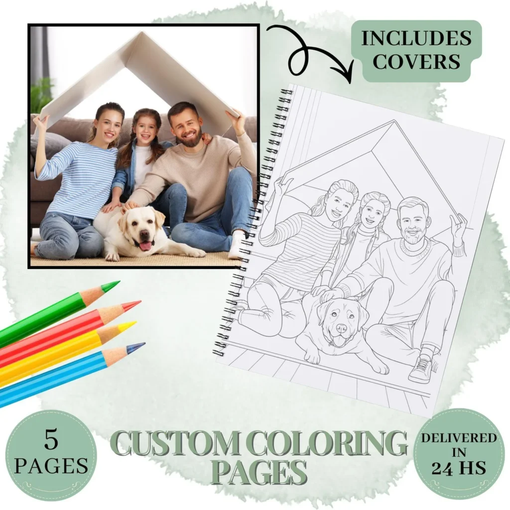 5 Custom Coloring Pages from Photo – Personalized Portraits, Family & Pet Sketches (Digital Download) Custom Products digital download preview by Cute & Co.