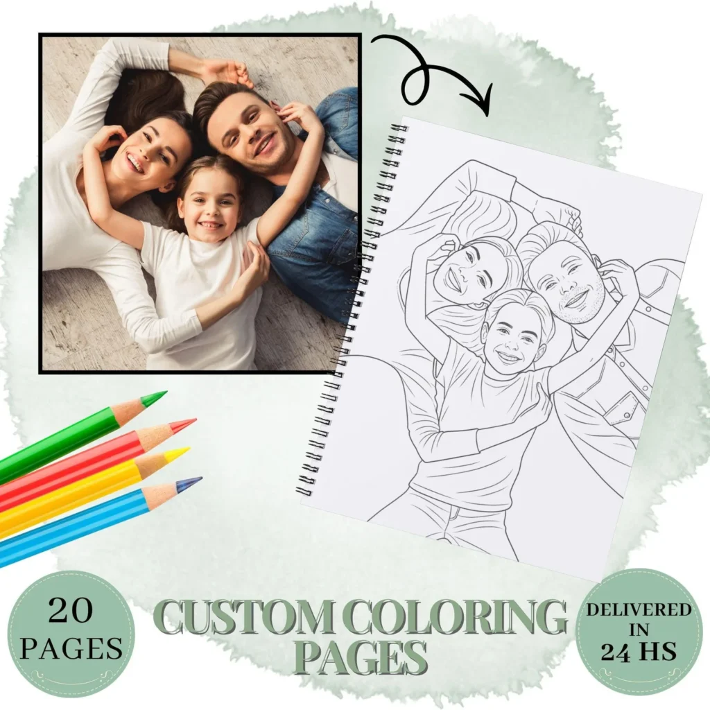 20 Custom Coloring Pages from Photo – Personalized Portraits, Family & Pet Sketches (Digital Download) Custom Products digital download preview by Cute & Co.