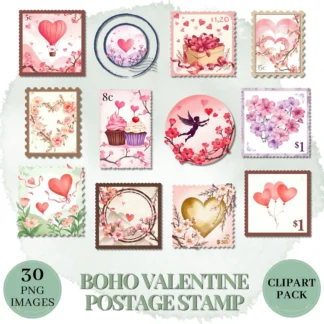 Boho Valentine Postage Stamp Clipart Bundle for Junk Journals & Romantic Crafts Cliparts digital download preview by Cute & Co.
