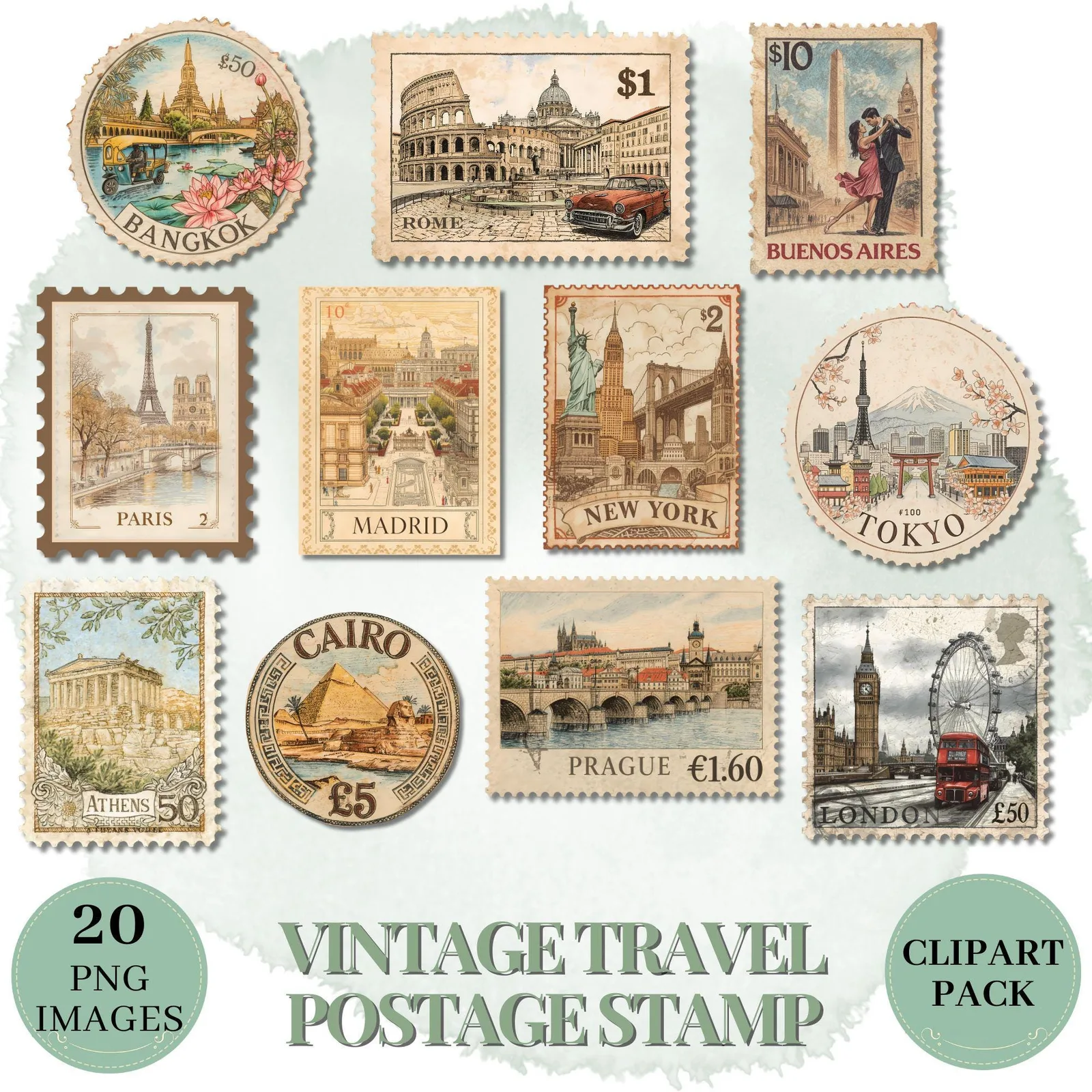 Vintage World Travel Stamp Clipart Set for Junk Journals, Scrapbooking & Wanderlust Crafts Cliparts digital download preview by Cute & Co.